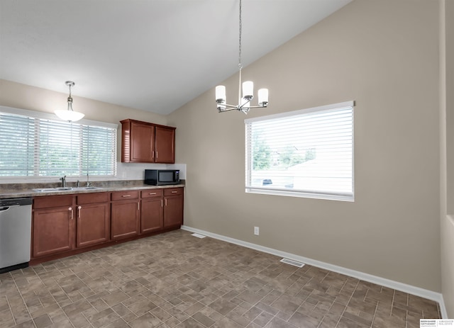 16421 Redman Ave, Omaha, NE 68116 - kitchen featuring black microwave, dishwasher, a sink, vaulted ceiling, and a chandelier
