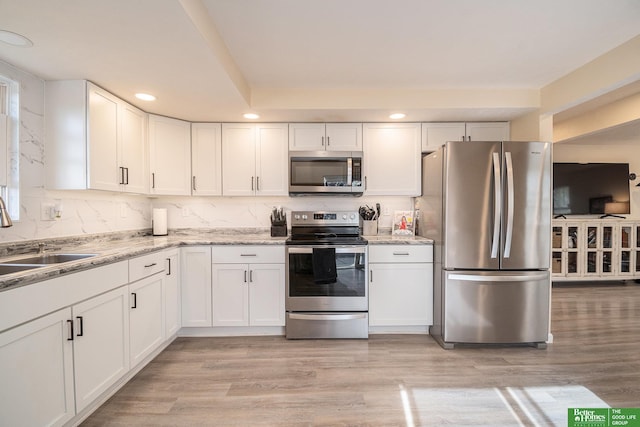 601 5th Ave, Plattsmouth, NE 68048 - kitchen featuring stainless steel appliances, a sink, white cabinets, and recessed lighting