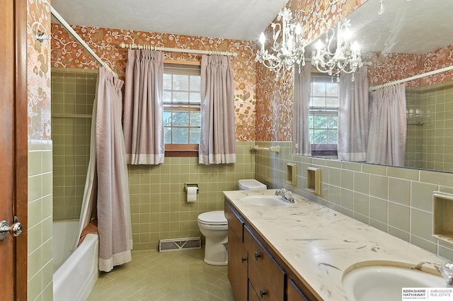 3629 S 114th Ave, Omaha, NE 68144 - full bathroom featuring wallpapered walls, plenty of natural light, double vanity, tile patterned floors, and shower / tub combo with curtain