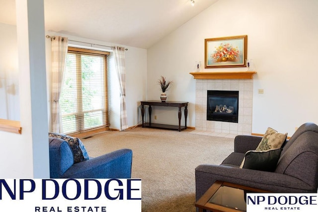 611 Diamond Ln, Papillion, NE 68133 - living room featuring carpet flooring, lofted ceiling, and a fireplace