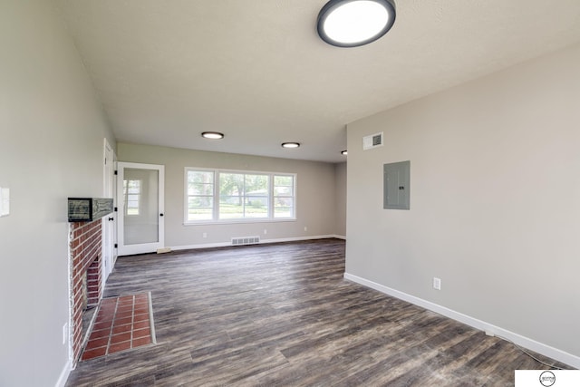 1801 Elk St, Beatrice, NE 68310 - unfurnished living room with baseboards, dark wood-style flooring, and electric panel