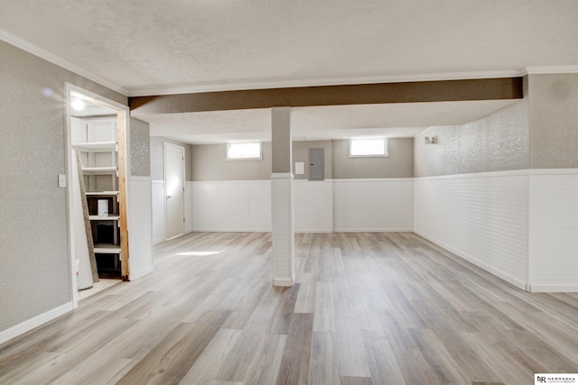 6205 Nebraska Ave, Omaha, NE 68104 - basement featuring a textured wall, electric panel, wood finished floors, wainscoting, and ornamental molding