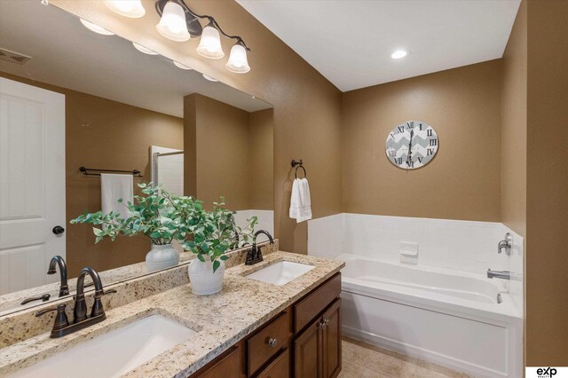 8815 N Hws Cleveland Blvd, Bennington, NE 68007 - bathroom featuring a bath, double vanity, tile patterned flooring, and a shower with shower door