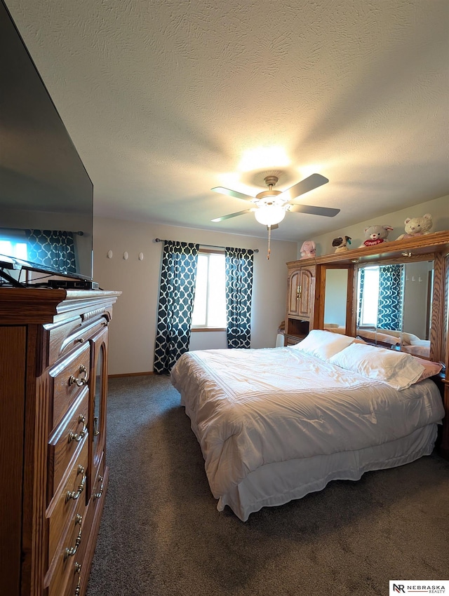 2496 Rock Creek Rd, Bee, NE 68314 - bedroom with dark colored carpet, a textured ceiling, and a ceiling fan