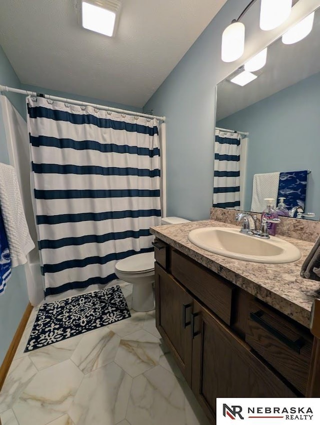 2496 Rock Creek Rd, Bee, NE 68314 - full bath with vanity, toilet, a shower with curtain, and marble finish floors