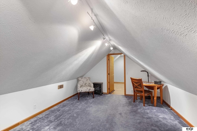 17205 Jessica Ln, Gretna, NE 68028 - sitting room with rail lighting, a textured ceiling, lofted ceiling, and carpet