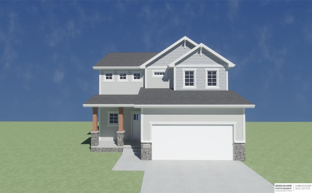 18064 Soldier St, Omaha, NE 68136 - craftsman-style home with a garage, stone siding, driveway, a front lawn, and covered porch