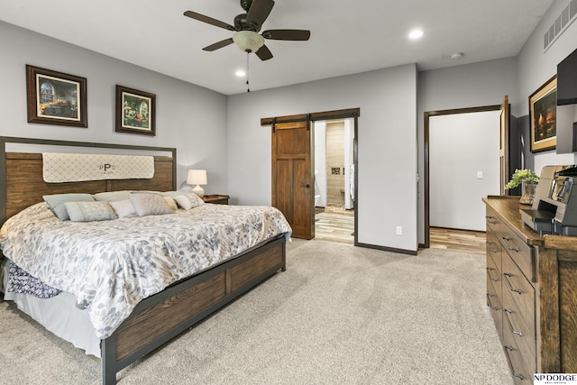 2250 Pathfinder Dr, Fremont, NE 68025 - bedroom featuring a barn door, light colored carpet, baseboards, recessed lighting, and ceiling fan