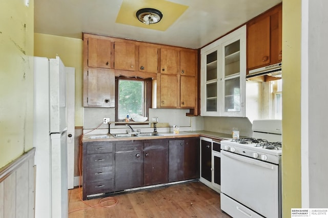 1822 N 38th St, Omaha, NE 68111 - kitchen with white appliances, under cabinet range hood, a sink, wood finished floors, and light countertops