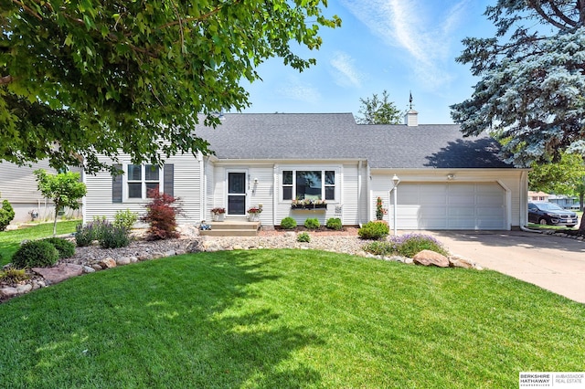 9704 Erskine St, Omaha, NE 68134 - view of front of property featuring an attached garage, driveway, a front yard, a chimney, and roof with shingles