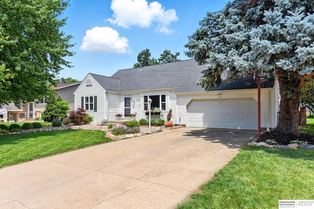 9704 Erskine St, Omaha, NE 68134 - view of front of home featuring concrete driveway, a front lawn, an attached garage, and a shingled roof