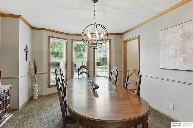 2468 N 148th St, Omaha, NE 68116 - dining area with a chandelier, carpet, crown molding, and baseboards