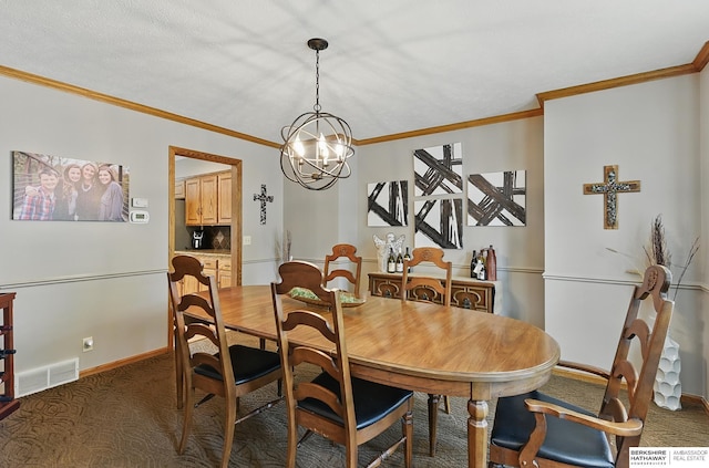 2468 N 148th St, Omaha, NE 68116 - dining area with carpet floors, a chandelier, crown molding, and baseboards