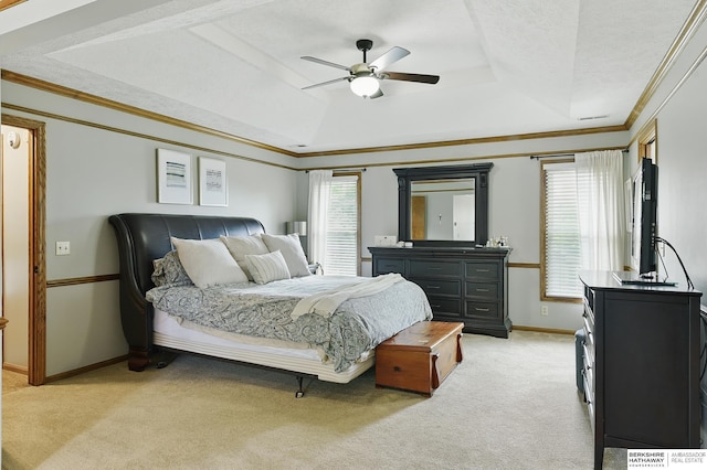 2468 N 148th St, Omaha, NE 68116 - bedroom featuring a raised ceiling, light carpet, baseboards, ornamental molding, and a ceiling fan