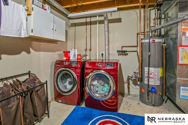 13518 Westport Cir, Bellevue, NE 68123 - laundry room with water heater, washer and dryer, and cabinet space