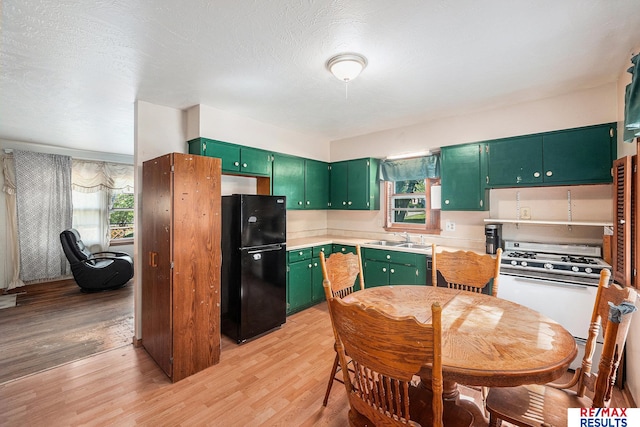 5704 N 68th St, Omaha, NE 68104 - kitchen with freestanding refrigerator, green cabinets, a sink, white range with gas stovetop, and healthy amount of natural light
