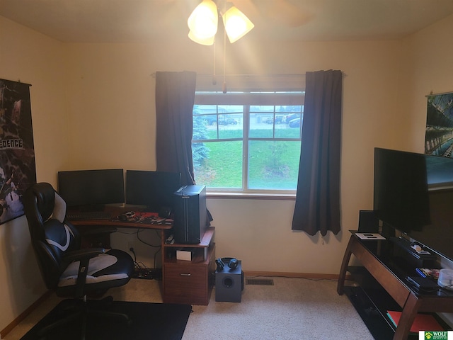 1730 Sawyer St, Lincoln, NE 68505 - home office featuring light carpet, a ceiling fan, and baseboards