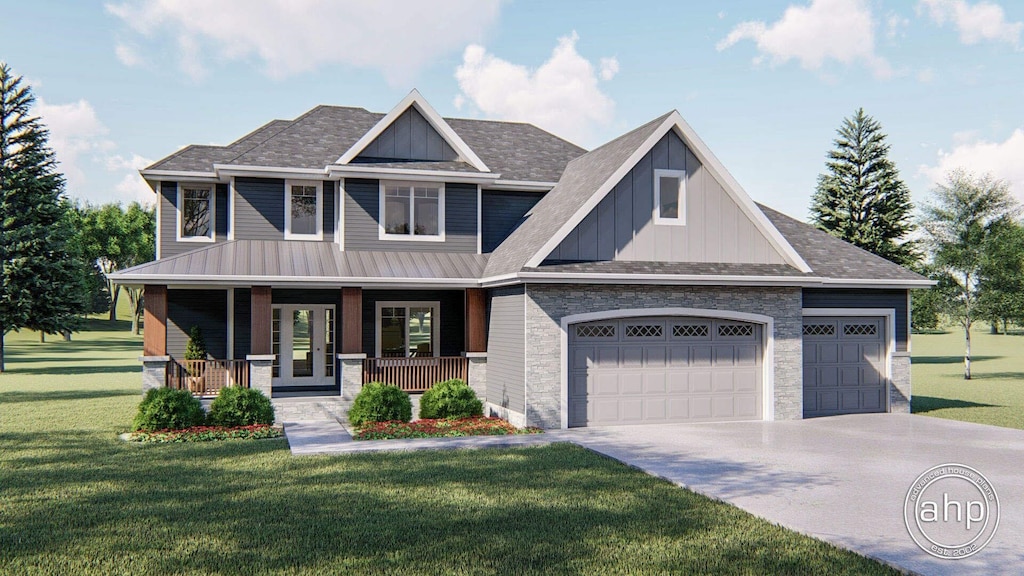 3025 Southern Hills Dr, Blair, NE 68008 - craftsman house with board and batten siding, a porch, concrete driveway, and a front yard