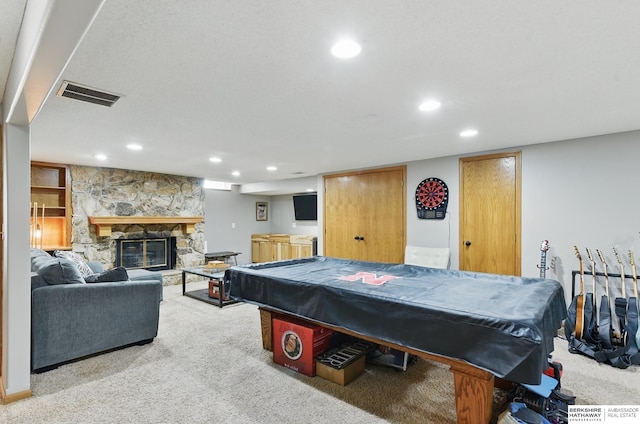 2442 E 2nd St, Fremont, NE 68025 - recreation room featuring carpet, recessed lighting, a stone fireplace, and billiards
