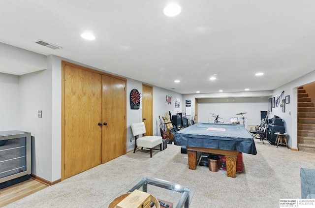 2442 E 2nd St, Fremont, NE 68025 - recreation room featuring beverage cooler, recessed lighting, billiards table, and carpet floors
