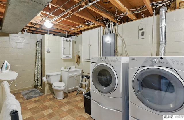 2442 E 2nd St, Fremont, NE 68025 - washroom featuring separate washer and dryer, electric panel, and light stone finish flooring