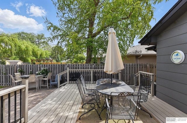 2442 E 2nd St, Fremont, NE 68025 - wooden deck featuring outdoor dining area and a fenced backyard