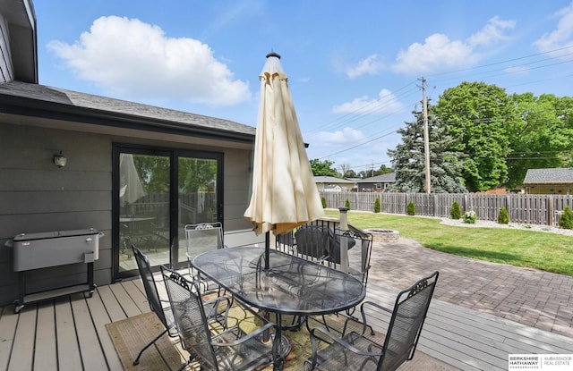 2442 E 2nd St, Fremont, NE 68025 - wooden terrace with outdoor dining area and an outdoor fire pit