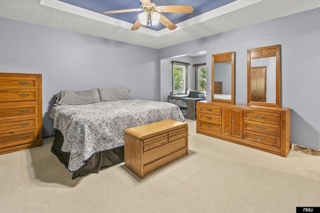 6104 S 93rd St, Omaha, NE 68127 - bedroom with light carpet, a tray ceiling, and ceiling fan