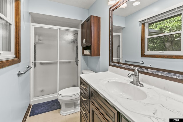 6104 S 93rd St, Omaha, NE 68127 - full bathroom featuring toilet, a stall shower, vanity, and tile patterned floors