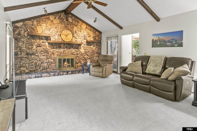 6104 S 93rd St, Omaha, NE 68127 - living area featuring carpet floors, ceiling fan, beam ceiling, a fireplace, and high vaulted ceiling