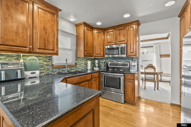 6104 S 93rd St, Omaha, NE 68127 - kitchen featuring appliances with stainless steel finishes, a sink, brown cabinets, and recessed lighting
