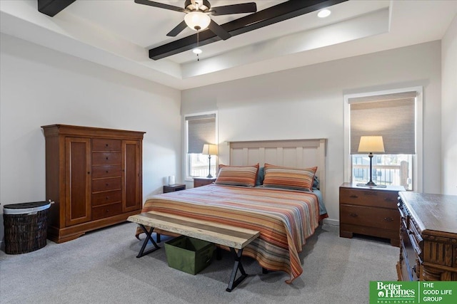 6518 S 208th Ave, Elkhorn, NE 68022 - bedroom with light carpet, beamed ceiling, ceiling fan, and a tray ceiling