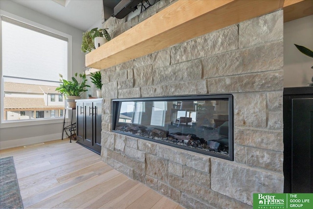 6518 S 208th Ave, Elkhorn, NE 68022 - detailed view of a stone fireplace, wood finished floors, and baseboards