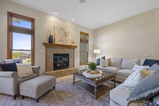 6920 NW 3rd St, Lincoln, NE 68521 - living area with a tile fireplace and recessed lighting