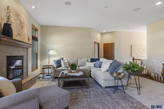 6920 NW 3rd St, Lincoln, NE 68521 - carpeted living room with recessed lighting and a tile fireplace
