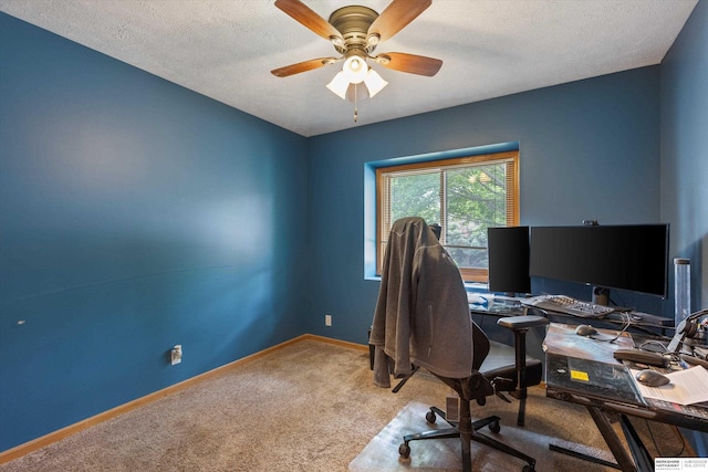 15212 Emmet St, Omaha, NE 68116 - home office featuring carpet, baseboards, a ceiling fan, and a textured ceiling
