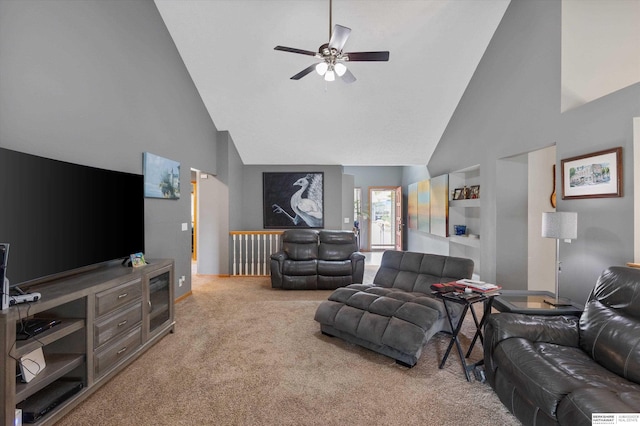 15212 Emmet St, Omaha, NE 68116 - carpeted living room featuring high vaulted ceiling, a ceiling fan, and baseboards