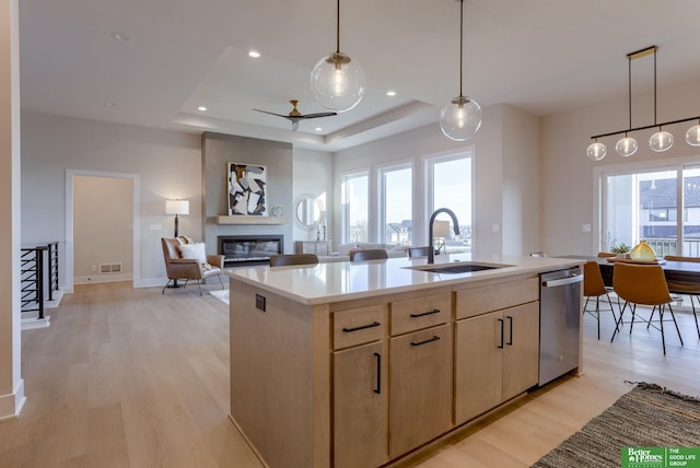 21056 Joseph St, Elkhorn, NE 68022 - kitchen with dishwasher, a sink, light brown cabinets, light wood finished floors, and a glass covered fireplace