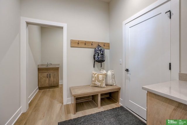 21056 Joseph St, Elkhorn, NE 68022 - mudroom featuring wood finished floors, baseboards, and a sink