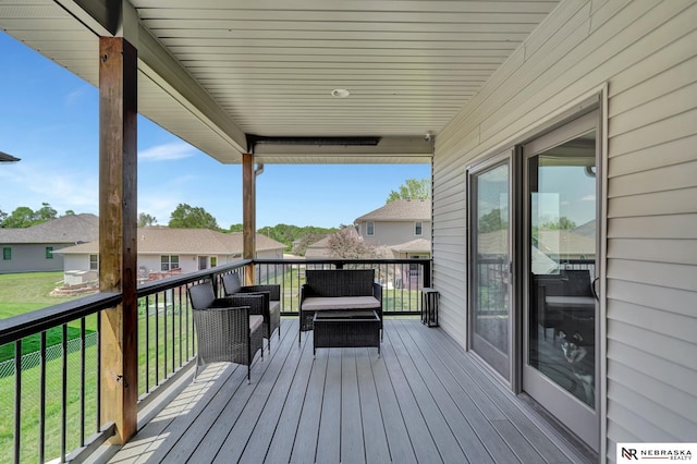 905 Chicory Ln, Hickman, NE 68372 - deck with an outdoor living space, a residential view, and a lawn