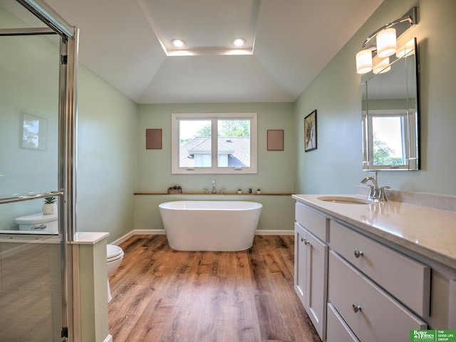 6212 Oak Hills Plz, Omaha, NE 68137 - full bathroom featuring toilet, wood finished floors, vanity, a soaking tub, and vaulted ceiling