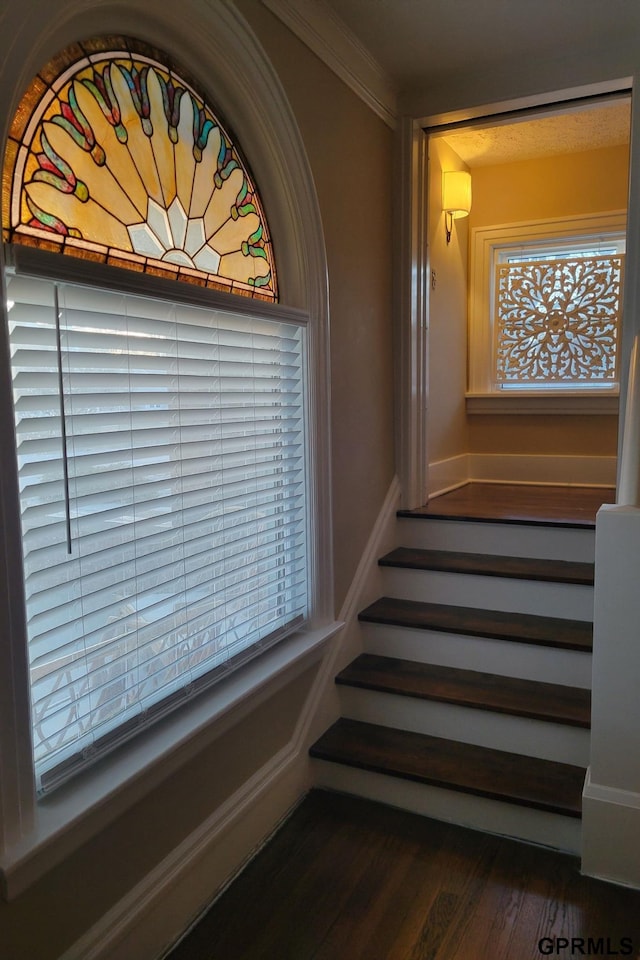 1205 N Broad St, Fremont, NE 68025 - staircase featuring wood finished floors and crown molding