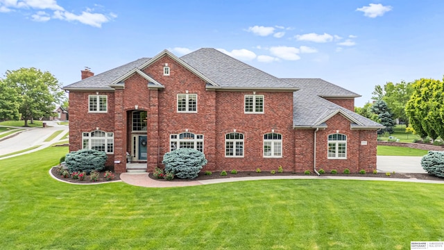 13303 Cuming St, Omaha, NE 68154 - colonial home featuring a chimney, a front lawn, brick siding, and roof with shingles