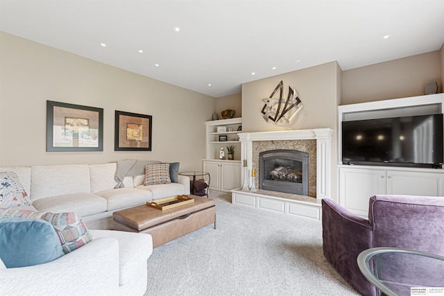 13303 Cuming St, Omaha, NE 68154 - living room featuring carpet flooring, a premium fireplace, and recessed lighting