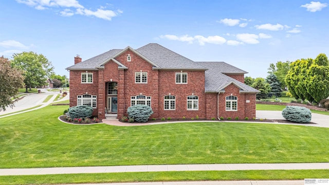 13303 Cuming St, Omaha, NE 68154 - georgian-style home featuring a front lawn, brick siding, a chimney, and roof with shingles