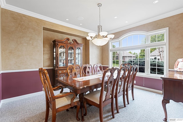 13303 Cuming St, Omaha, NE 68154 - dining area with light carpet, a chandelier, ornamental molding, recessed lighting, and baseboards