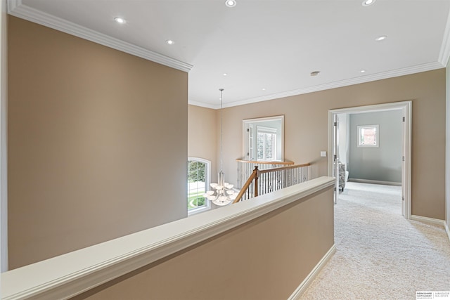 13303 Cuming St, Omaha, NE 68154 - hall with an upstairs landing, light colored carpet, recessed lighting, ornamental molding, and baseboards