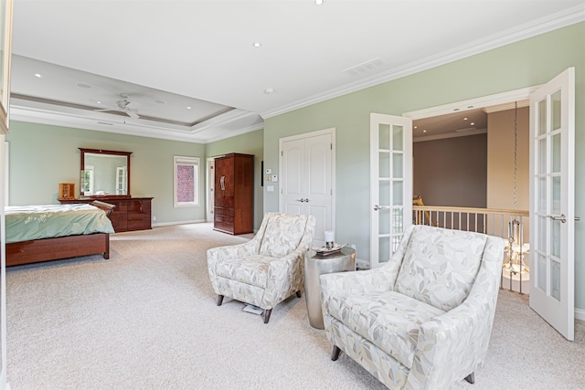 13303 Cuming St, Omaha, NE 68154 - bedroom with light carpet, ornamental molding, french doors, recessed lighting, and baseboards