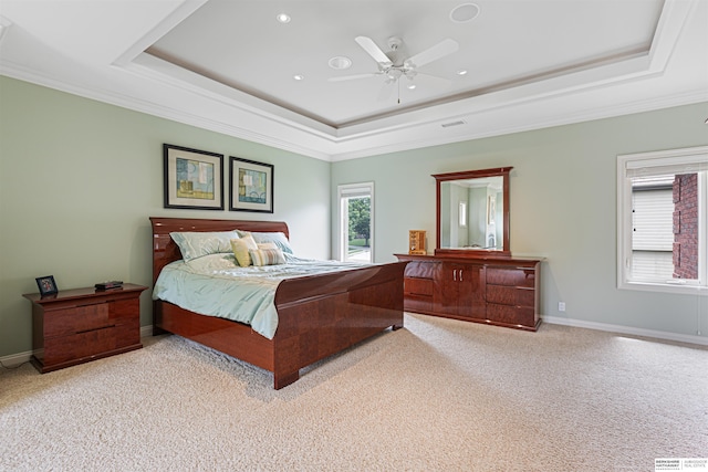 13303 Cuming St, Omaha, NE 68154 - bedroom with a tray ceiling, carpet flooring, ornamental molding, recessed lighting, and ceiling fan