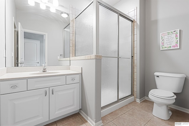 13303 Cuming St, Omaha, NE 68154 - full bathroom featuring toilet, vanity, a shower stall, tile patterned flooring, and baseboards